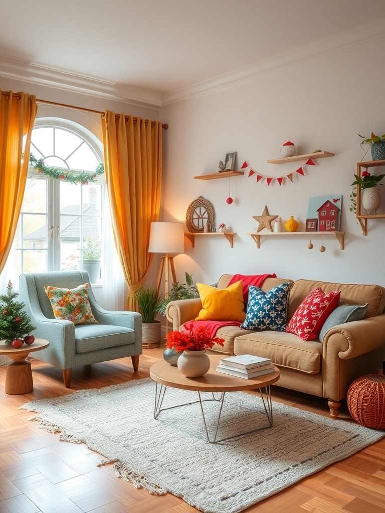 14 Whimsical Home Decor Items to Spark Your Imagination 9 A cozy living room with colorful cushions, a small Christmas tree, and warm yellow curtains.