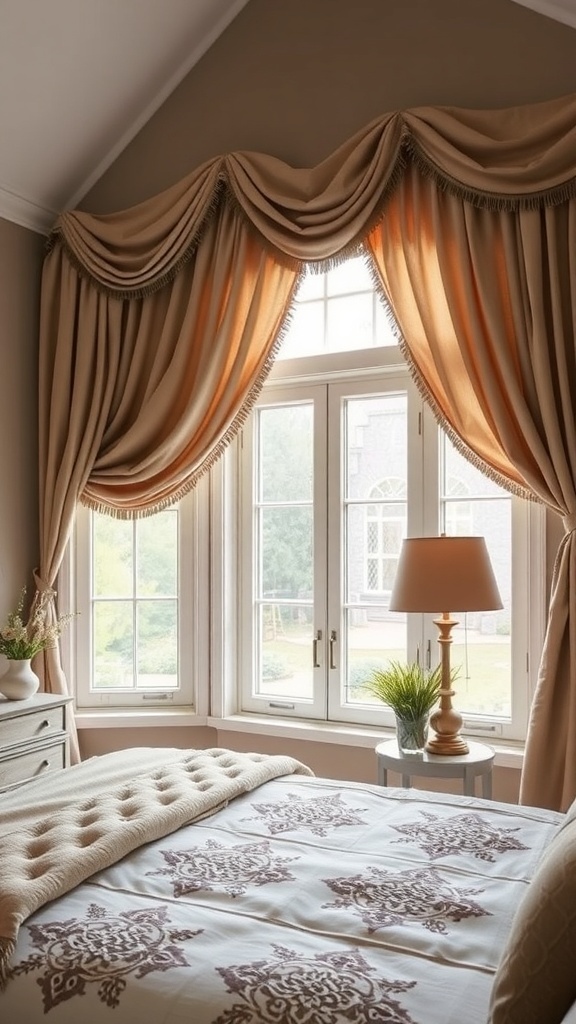 A cozy bedroom with elegant drapes framing the windows, soft lighting, and flowers on a table.