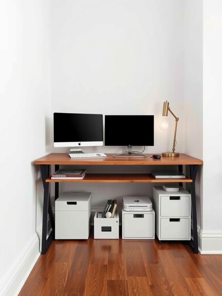 A small home office with a wooden desk, two monitors, and organized under-desk storage boxes.