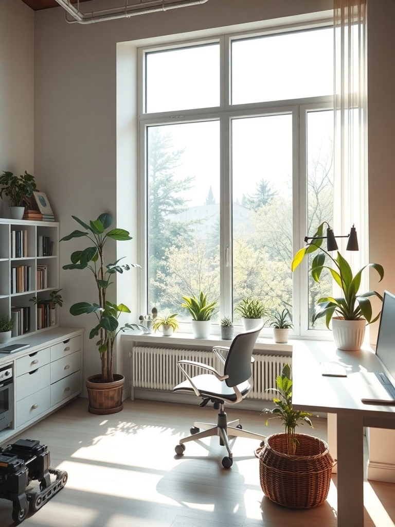 A bright home office with large windows, plants, and a modern desk setup.