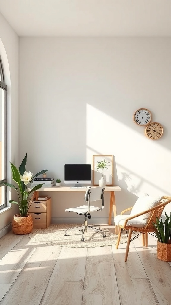A bright and calming home office with natural light, plants, and minimalist furniture.