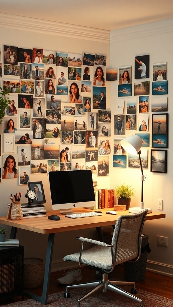 A home office wall decorated with a variety of personal photos, showcasing memories and moments.