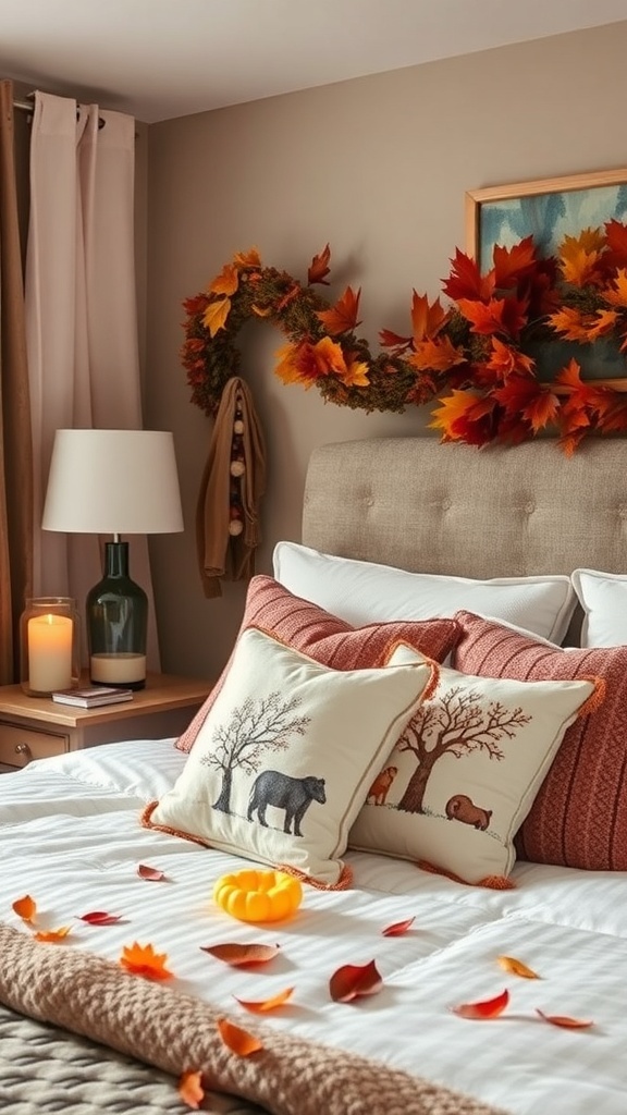 A cozy bedroom decorated for fall with a bed featuring seasonal pillows and a garland of leaves above.