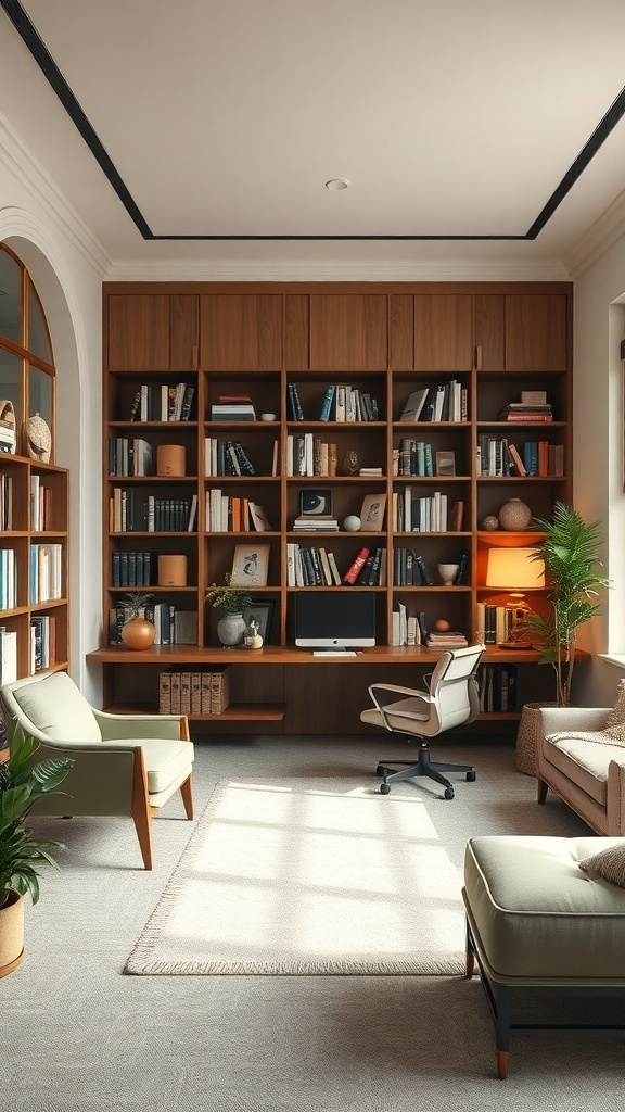 A cozy home office library with wooden shelves filled with books, comfortable seating, and plants.