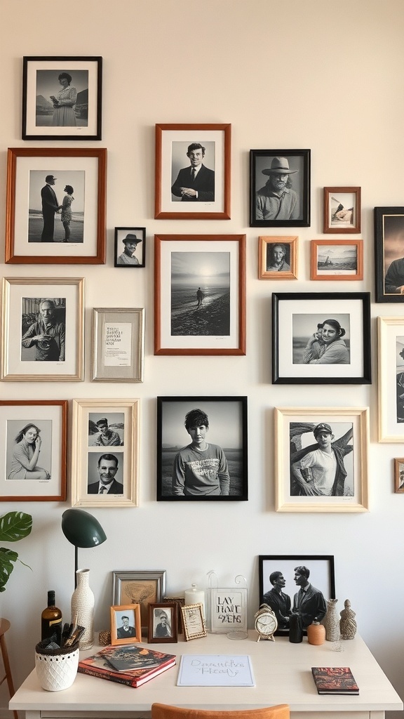 11 Inspiring Home Office Decor Ideas to Boost Your Productivity 3 A wall display of black-and-white framed photographs in various styles, above a desk with decorative items.