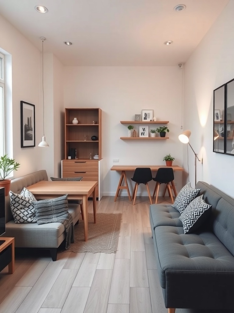 10 Home Decor Trends to Watch in 2025 4 A cozy small living space featuring multifunctional furniture, including a sofa bed, a transformable coffee table, and decorative shelving.