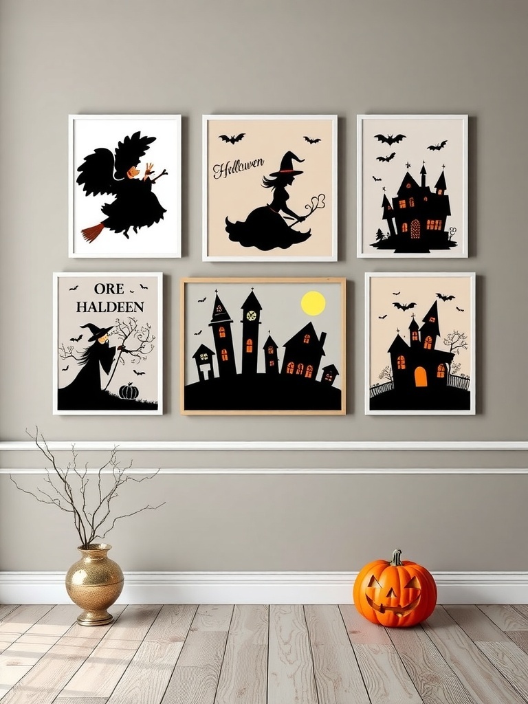 12 Spooktacular Halloween Home Decor Ideas to Transform Your Space 12 A collection of Halloween-themed wall art featuring witches, bats, and haunted houses, displayed in a stylish grid format with a carved pumpkin on the floor.