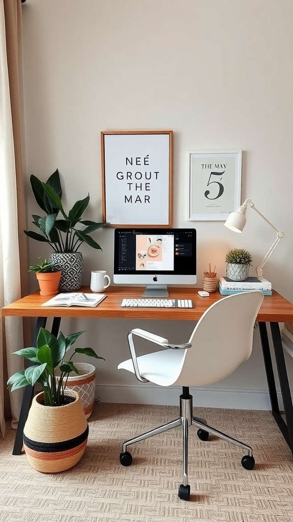 A stylish home office setup featuring a white desk, iMac, plants, and wall decor.