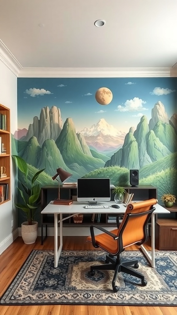 A home office with a mountain mural on the wall, featuring a desk, chair, and plants.