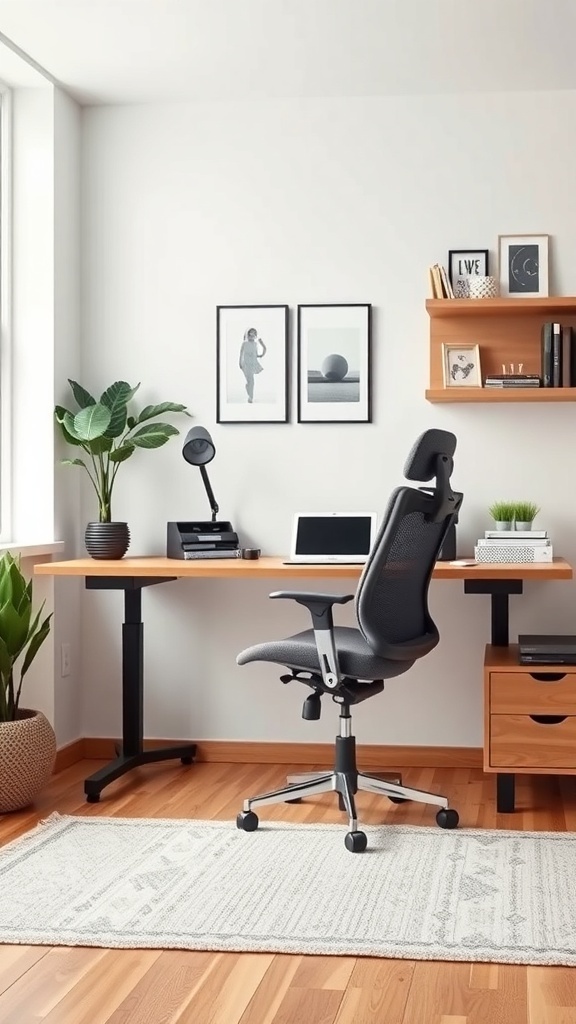 A modern home office featuring an ergonomic chair, a sleek desk, and decorative plants.
