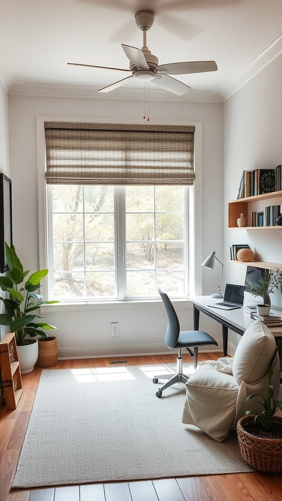 A cozy home office with a desk, computer, and a comfortable chair, featuring plants and natural light.