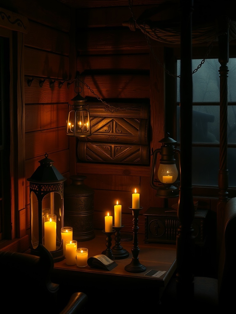 16 Unique Gothic Western Home Decor Finds 5 A cozy corner with antique lanterns and candles illuminating a wooden table.