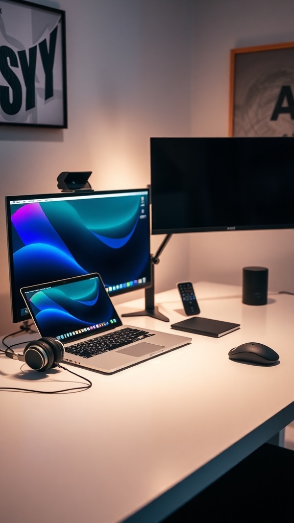 A modern home office setup with a laptop, external monitor, headphones, and a wireless mouse on a clean desk.