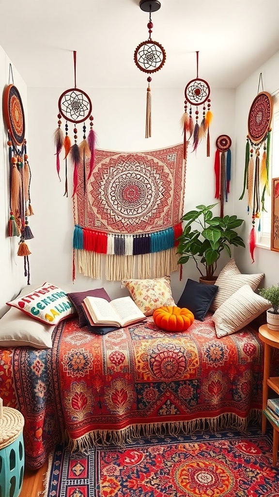A cozy bohemian-themed bedroom with colorful decor, dreamcatchers, and a vibrant tapestry.