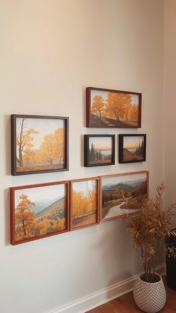 A collection of nature-inspired wall art featuring autumn landscapes and trees in warm colors.
