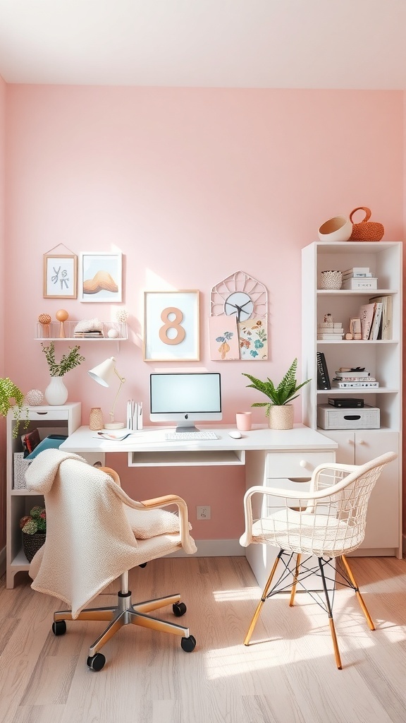 9 Chic Feminine Home Office Ideas for a Stylish Workspace 4 A chic home office with pastel pink walls, a white desk, and stylish decor.