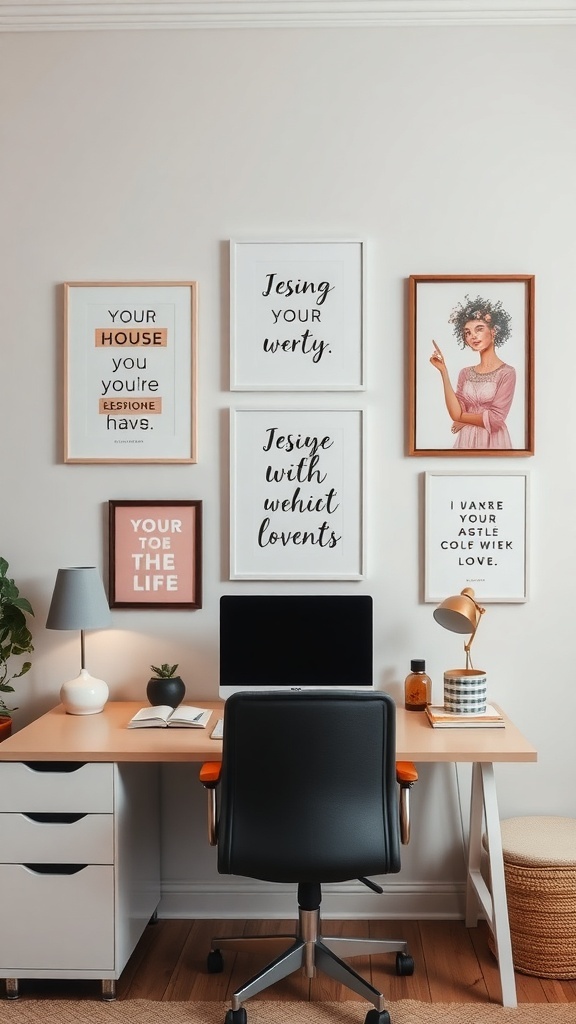 A feminine home office with inspiring wall art and a stylish desk setup.