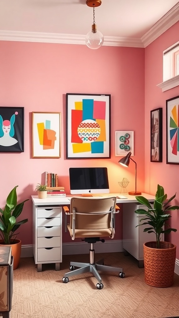 A cozy home office with pink walls, colorful artwork, a desk with a computer, and potted plants.