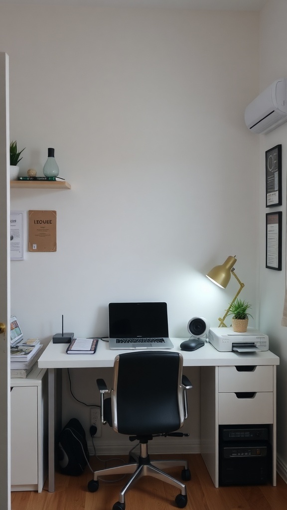 A small home office setup featuring a desk with a laptop, lamp, and storage drawers.