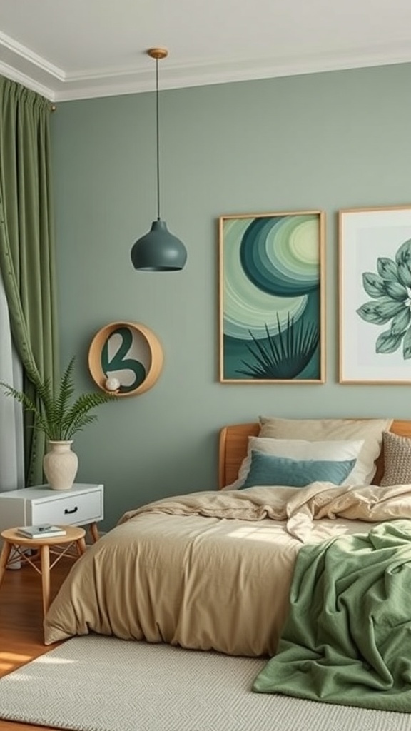 A sage green bedroom featuring layered shades of green in the decor, with a cozy bed, artwork, and modern lighting.