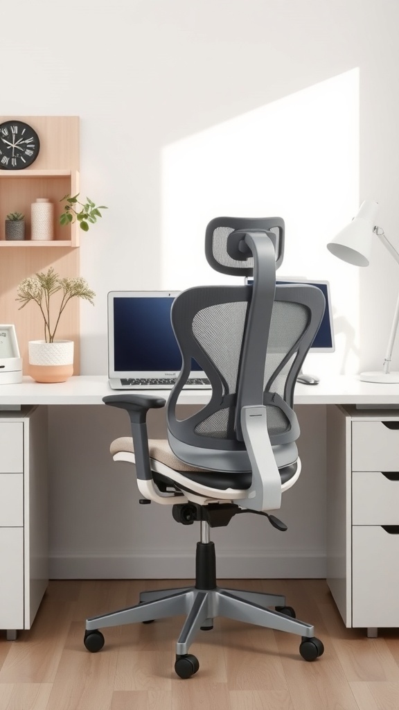 9 Chic Feminine Home Office Ideas for a Stylish Workspace 2 A stylish ergonomic chair in a feminine home office setting with a clean desk and decorative elements.