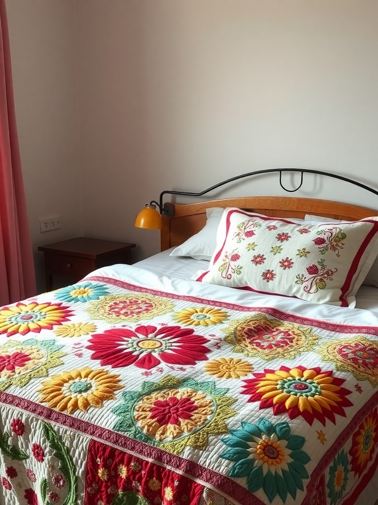 A colorful quilted bedspread with floral patterns on a bed, featuring a matching pillow.
