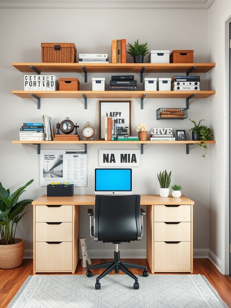 A stylish home office with a desk and shelves above, featuring books, decorative boxes, and plants.