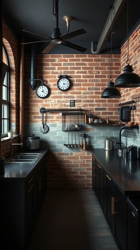 10 Stunning Dark Home Decor Ideas to Transform Your Space 8 An industrial-style kitchen featuring exposed brick walls, black cabinetry, and metal accents.