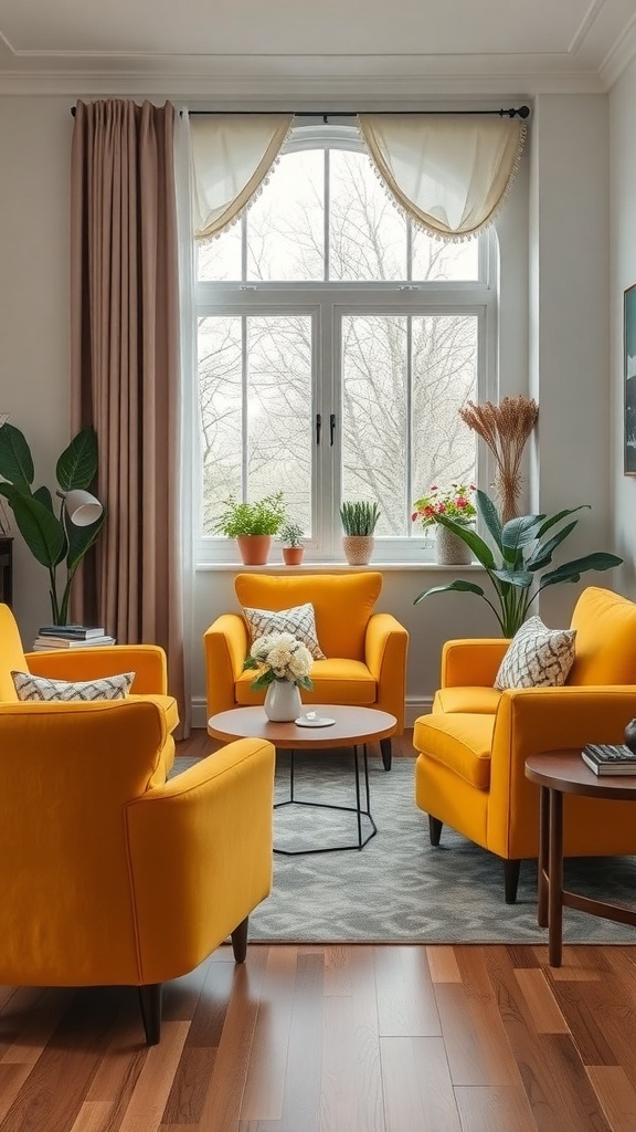 A cozy living room featuring plush mustard yellow chairs, a round coffee table, and plants by the window.