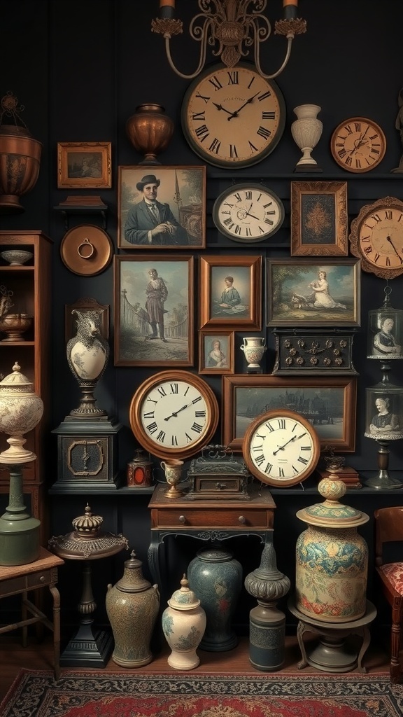 10 Stunning Dark Home Decor Ideas to Transform Your Space 4 A cozy corner featuring vintage decor with various clocks, framed art, and antique furniture against dark walls.