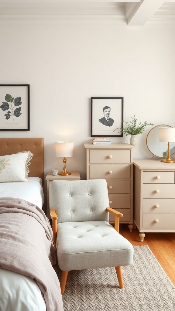 A cozy bedroom featuring a bed with soft linens, a stylish chair, and functional dressers, creating a warm and inviting space.