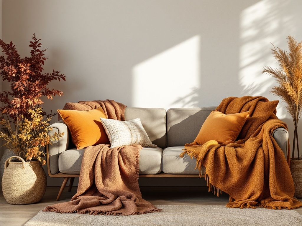 5 Cozy Fall Home Decor Ideas You’ll Love 3 Cozy living room with warm textiles, including orange and brown blankets and pillows on a sofa.