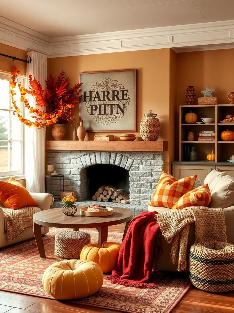 15 Cozy Fall Home Decor Ideas to Transform Your Space 8 Cozy living room decorated for fall with warm colors and pumpkins.