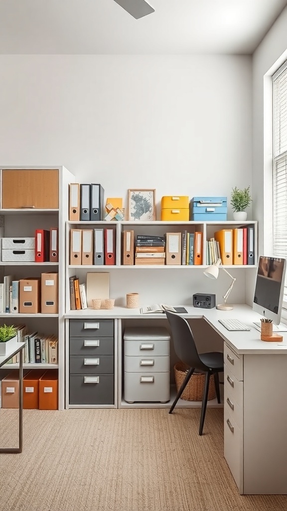 A bright home office with organized shelves, colorful storage boxes, and a clean desk area.