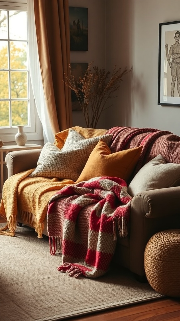 A cozy living room with a sofa covered in warm blankets and cushions, featuring autumn colors.