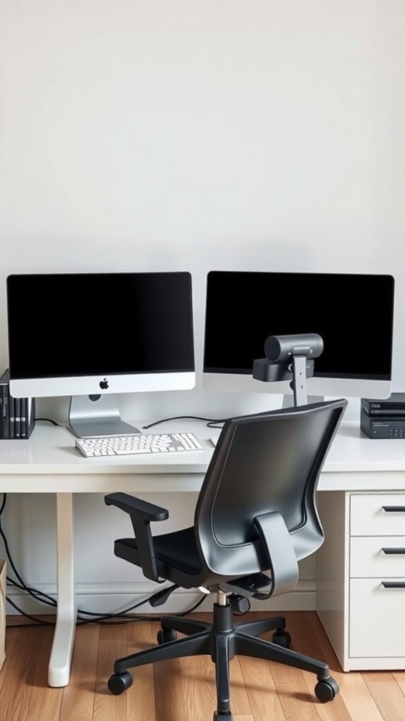 A modern home office setup featuring two monitors on a sleek desk with a black ergonomic chair.