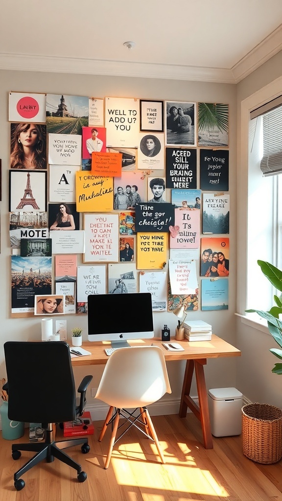 A feminine home office with a vision board on the wall, featuring various images and quotes for inspiration.