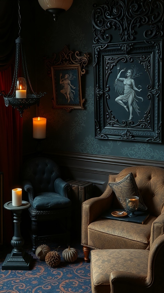 10 Stunning Dark Home Decor Ideas to Transform Your Space 7 A cozy Gothic-inspired corner with dark decor, featuring ornate wall art, plush furniture, and warm candlelight.