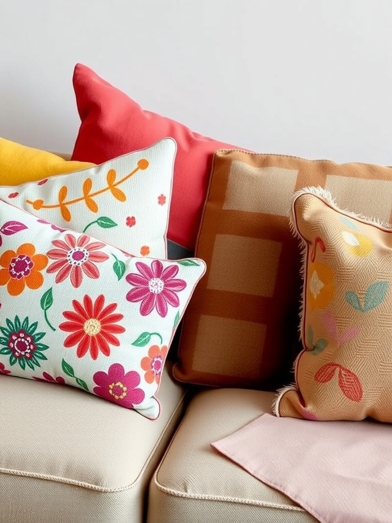14 Whimsical Home Decor Items to Spark Your Imagination 1 A collection of colorful throw pillows on a couch, featuring floral patterns and various textures.