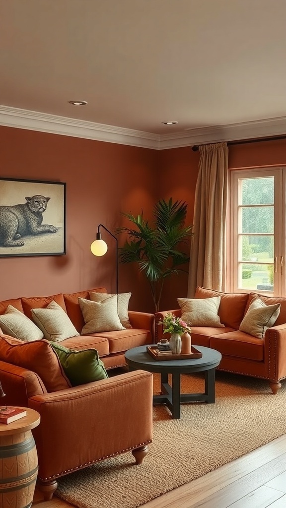 Cozy living room with warm earthy tones, featuring terracotta walls, orange sofa, and natural decor.