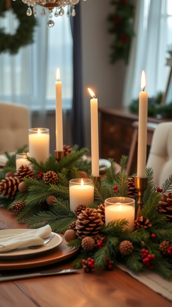 A festive holiday centerpiece featuring candles, pinecones, and greenery on a dining table.