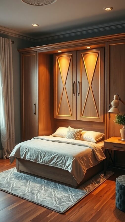 A stylish home office featuring a murphy bed integrated into wooden cabinetry, with soft lighting and a cozy atmosphere.