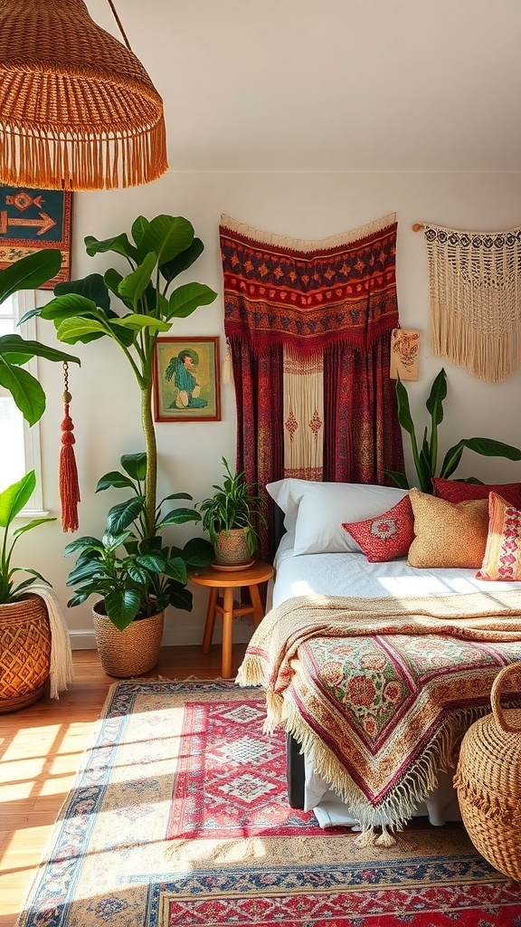 A cozy bohemian-style bedroom with layered textiles, patterned pillows, and natural decor.
