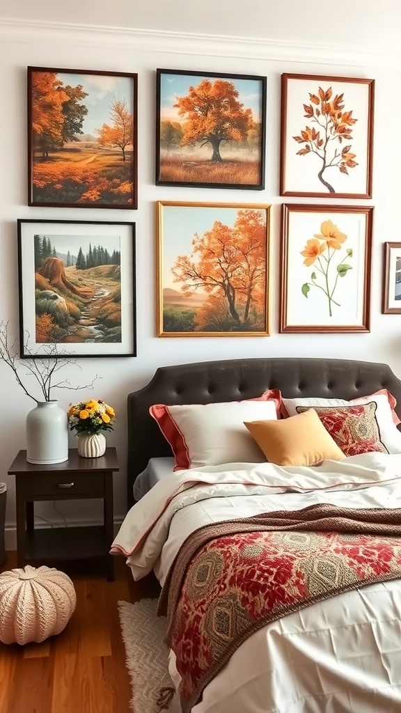A cozy bedroom with nature-inspired artworks featuring autumn scenes on the wall.