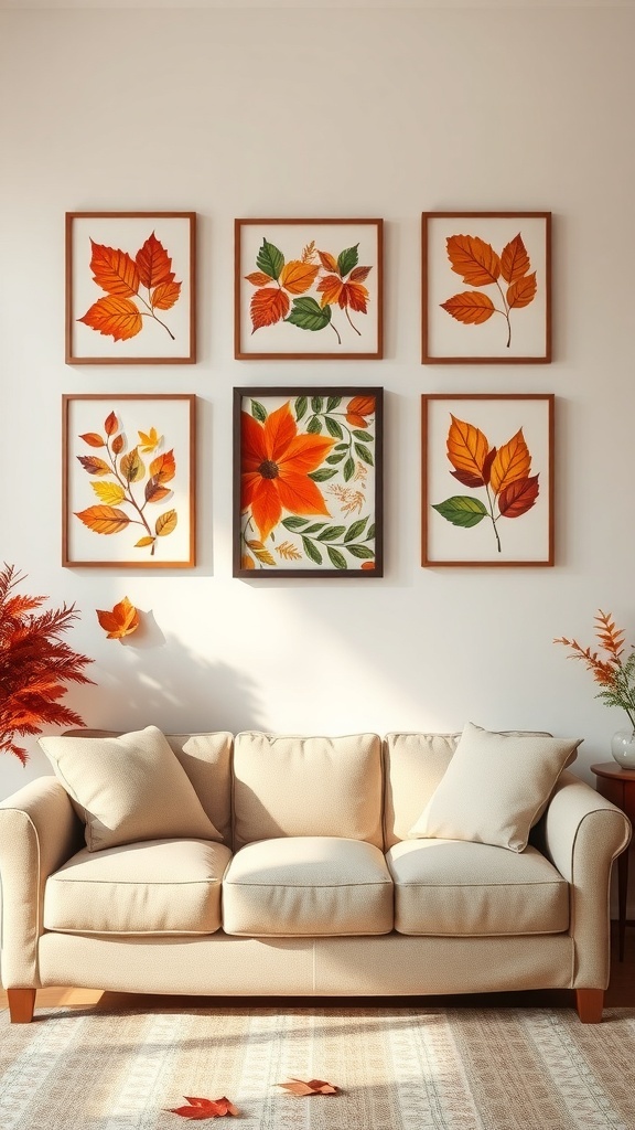 Wall art featuring autumn leaves and a flower, displayed above a cozy beige sofa in a living room.