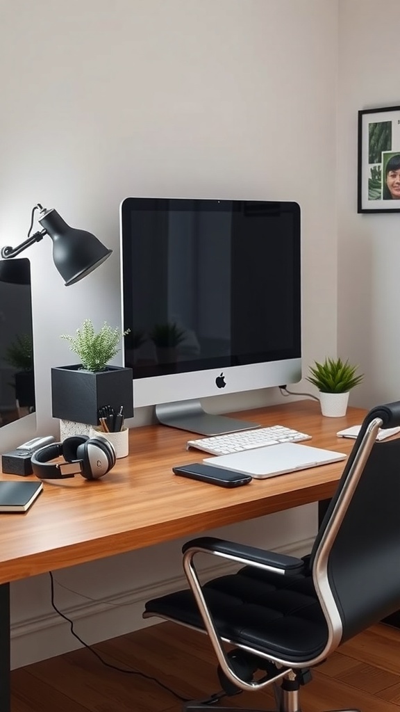 A clean and organized home office setup featuring a computer, headphones, notebooks, and a tablet on a wooden desk.