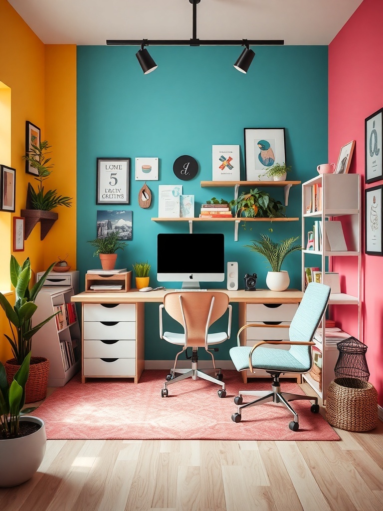 9 Inspiring Home Office Layout Ideas for Maximum Productivity 2 A colorful home office with teal, pink, and yellow walls, featuring a desk, computer, and plants.