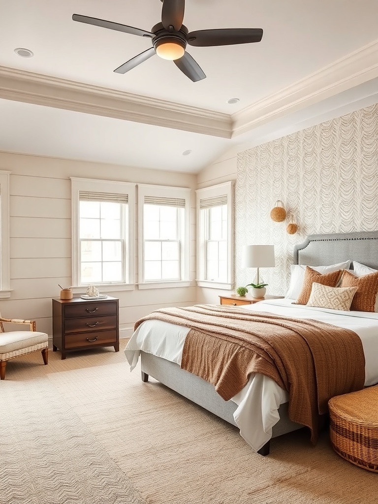 Cozy master bedroom with textured wall treatment and soft bedding