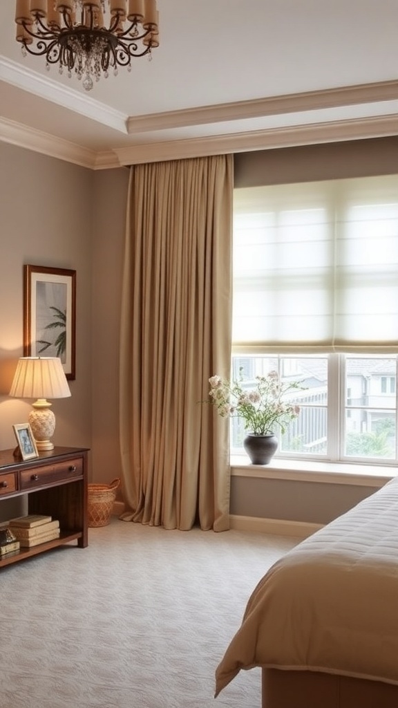 A master bedroom with beige curtains and shades, featuring a cozy decor and a window with plants.