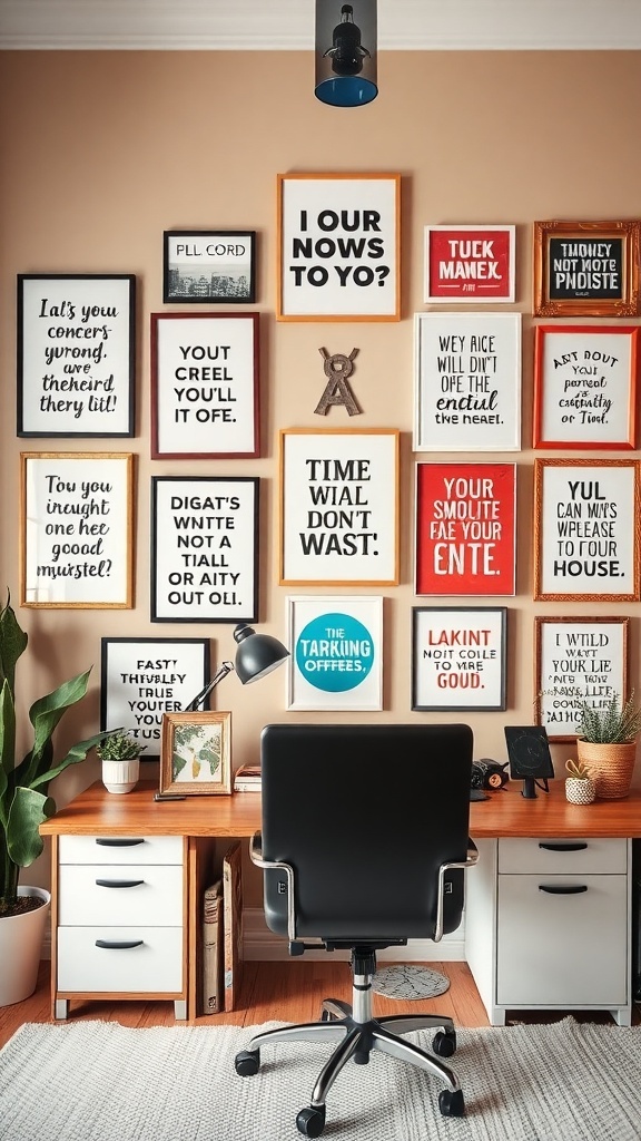 A colorful wall art display in a home office featuring various framed quotes and designs.